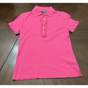 Petite Women's Lauren Ralph Lauren Pink Knit Gold Button Polo Top- P/p